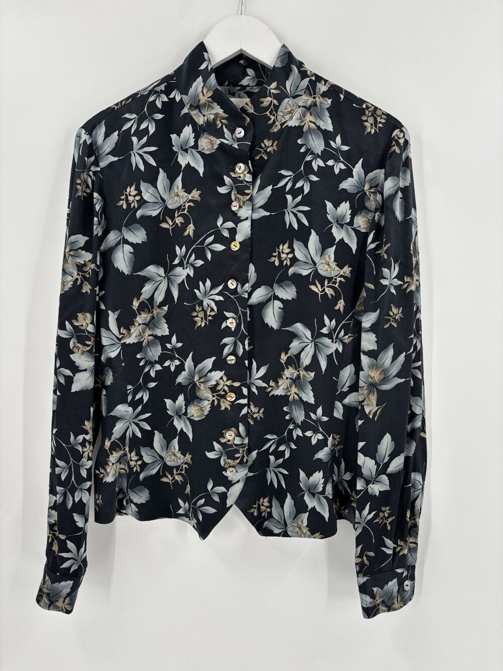 Vintage Dana Buchman 100% Silk Blouse 14 Black Floral Satin Button Front 90s